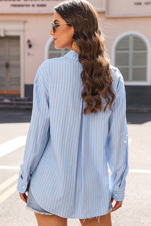 Stripe Pattern Oversized Drop Shoulder Button Up Long Sleeve Casual Shirt