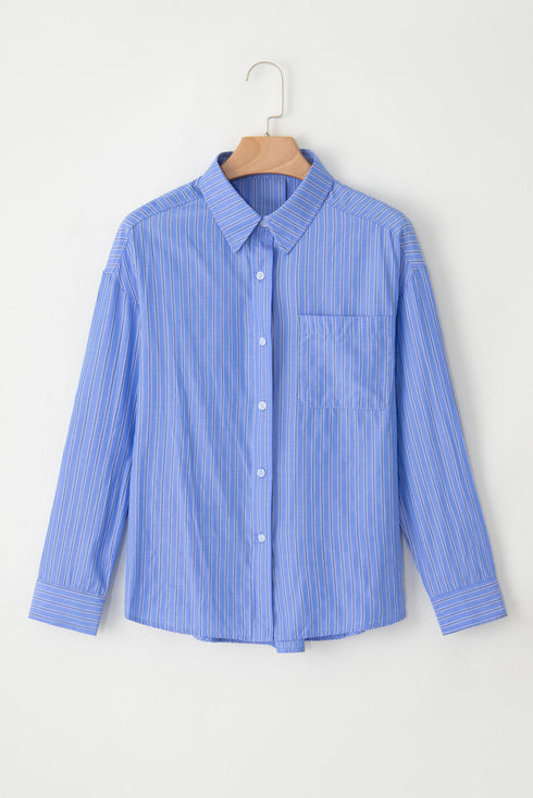 Stripe Pattern Oversized Drop Shoulder Button Up Long Sleeve Casual Shirt