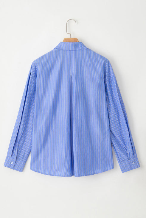 Stripe Pattern Oversized Drop Shoulder Button Up Long Sleeve Casual Shirt