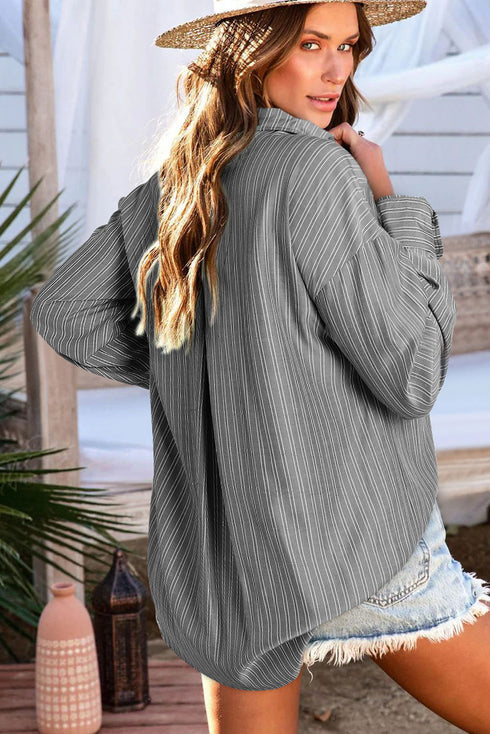 Stripe Pattern Oversized Drop Shoulder Button Up Long Sleeve Casual Shirt