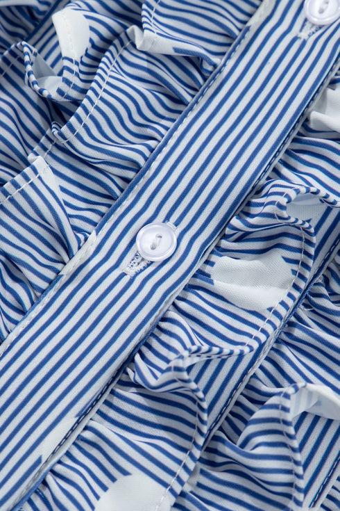Stripe Polka Dot Print Pleated Ruffle Sleeve Blouse