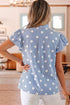 Stripe Polka Dot Print Pleated Ruffle Sleeve Blouse