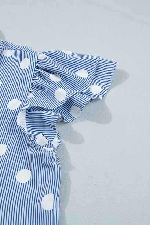 Stripe Polka Dot Print Pleated Ruffle Sleeve Blouse