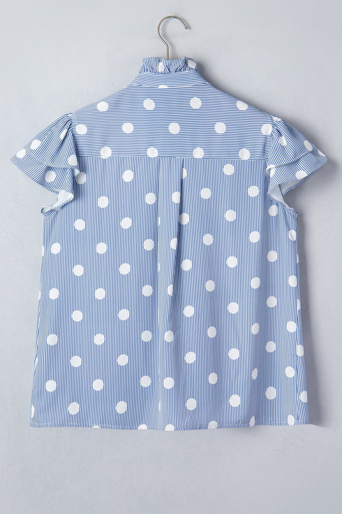 Stripe Polka Dot Print Pleated Ruffle Sleeve Blouse