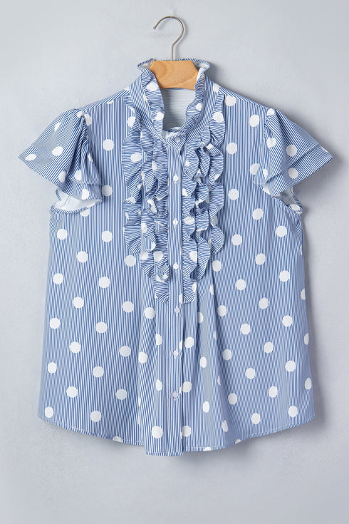 Stripe Polka Dot Print Pleated Ruffle Sleeve Blouse