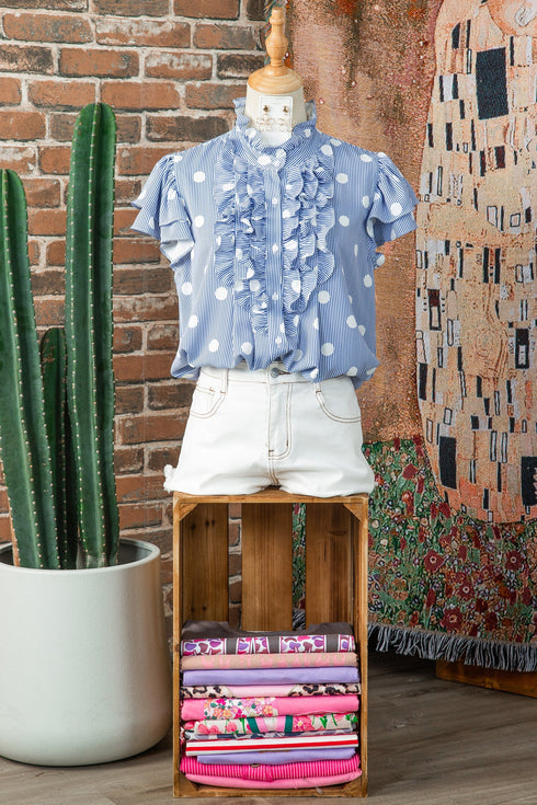 Stripe Polka Dot Print Pleated Ruffle Sleeve Blouse