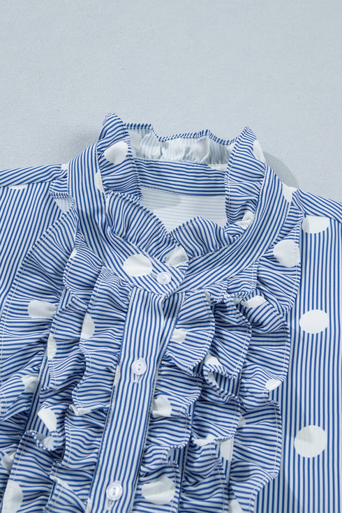 Stripe Polka Dot Print Pleated Ruffle Sleeve Blouse