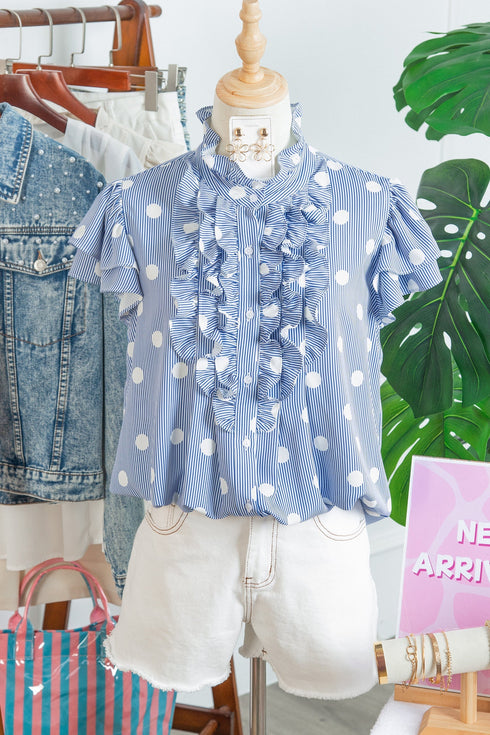Stripe Polka Dot Print Pleated Ruffle Sleeve Blouse
