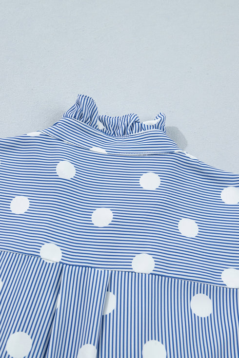 Stripe Polka Dot Print Pleated Ruffle Sleeve Blouse