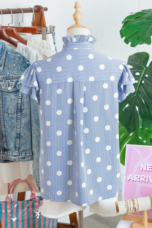Stripe Polka Dot Print Pleated Ruffle Sleeve Blouse
