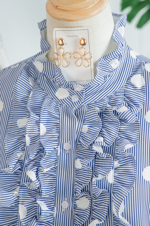 Stripe Polka Dot Print Pleated Ruffle Sleeve Blouse