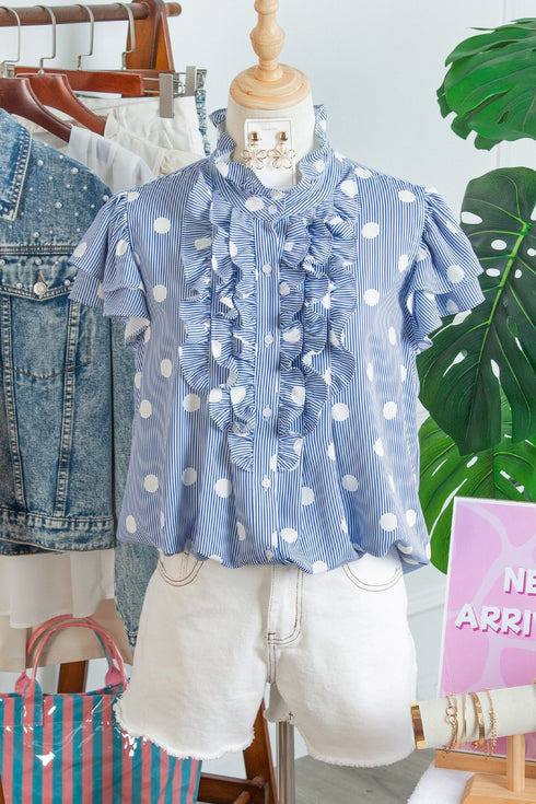 Stripe Polka Dot Print Pleated Ruffle Sleeve Blouse