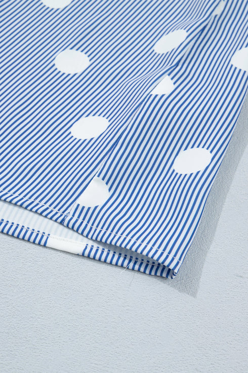 Stripe Polka Dot Print Pleated Ruffle Sleeve Blouse
