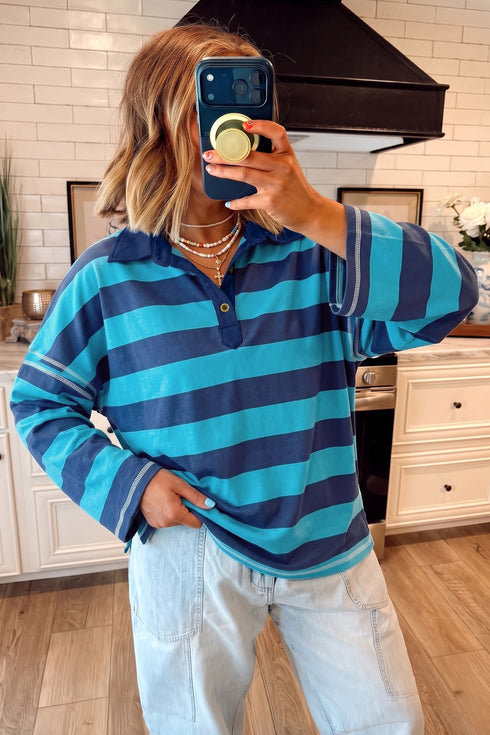 Stripe Polo Collar Bracelet Sleeve Loose Top