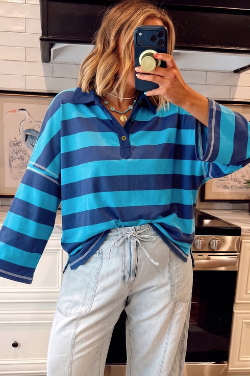 Stripe Polo Collar Bracelet Sleeve Loose Top