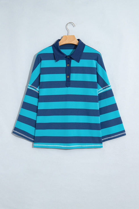 Stripe Polo Collar Bracelet Sleeve Loose Top