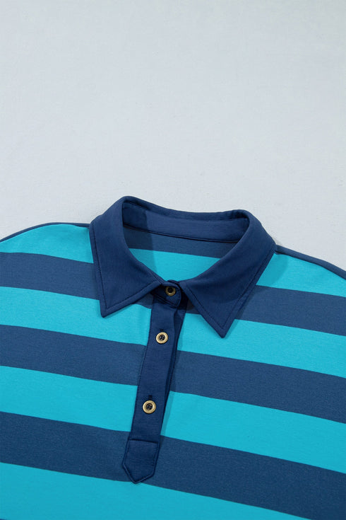 Stripe Polo Collar Bracelet Sleeve Loose Top