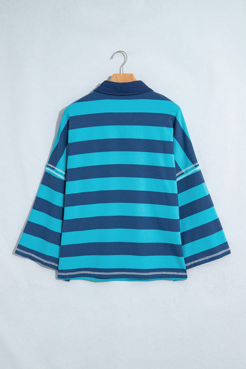 Stripe Polo Collar Bracelet Sleeve Loose Top