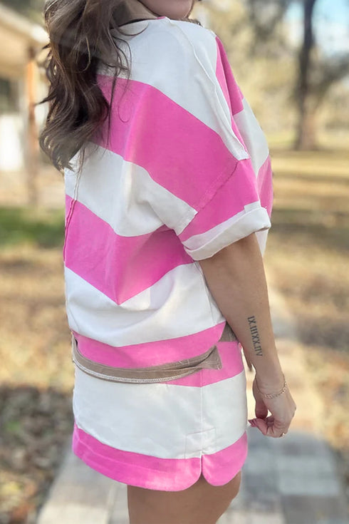 Stripe Polo Tee Drawstring Mini Skirt Two Piece Set