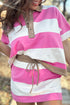 Stripe Polo Tee Drawstring Mini Skirt Two Piece Set