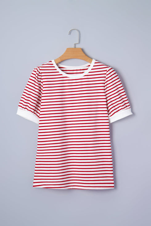 Stripe Print Accent Trim Puff Sleeve T Shirt