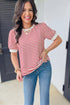 Stripe Print Accent Trim Puff Sleeve T Shirt