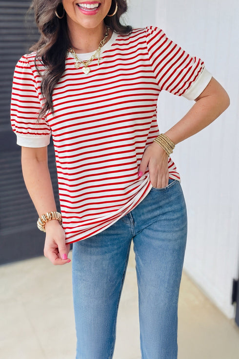 Stripe Print Accent Trim Puff Sleeve T Shirt
