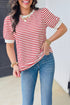 Stripe Print Accent Trim Puff Sleeve T Shirt
