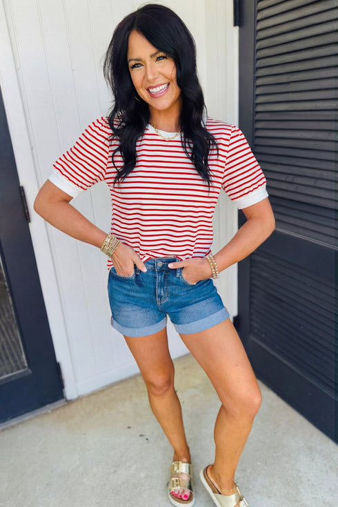 Stripe Print Accent Trim Puff Sleeve T Shirt
