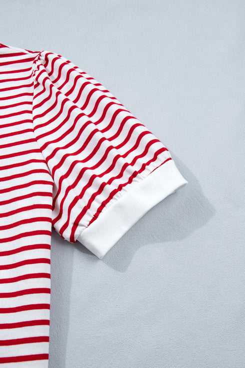 Stripe Print Accent Trim Puff Sleeve T Shirt