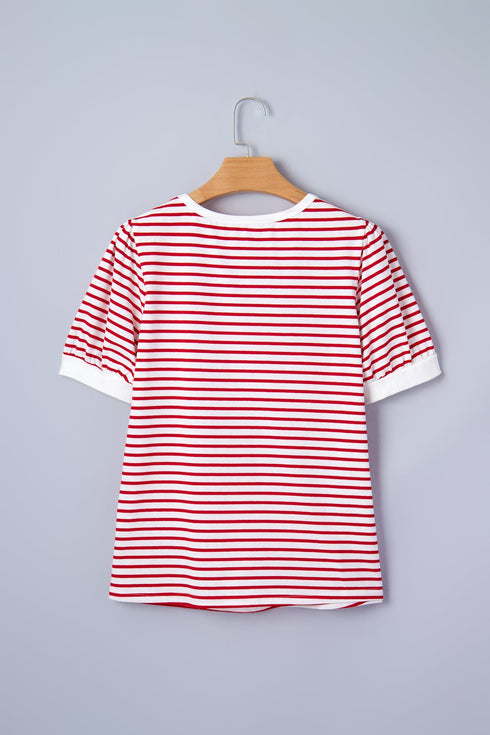 Stripe Print Accent Trim Puff Sleeve T Shirt