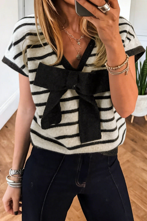 Stripe Print Bow Applique Knit Short Sleeve Sweater