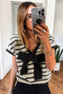 Stripe Print Bow Applique Knit Short Sleeve Sweater