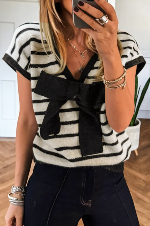 Stripe Print Bow Applique Knit Short Sleeve Sweater