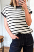 Stripe Print Bow Applique Knit Short Sleeve Sweater