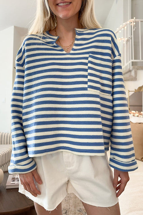 Stripe Print Chest Pocket Buttoned Back Notched Neck Top