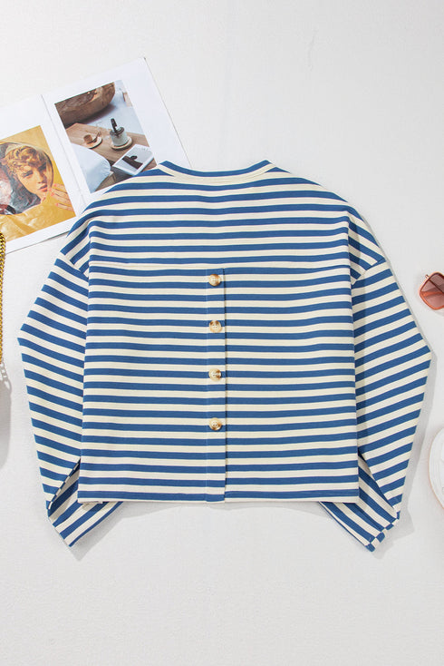 Stripe Print Chest Pocket Buttoned Back Notched Neck Top