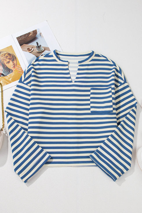 Stripe Print Chest Pocket Buttoned Back Notched Neck Top