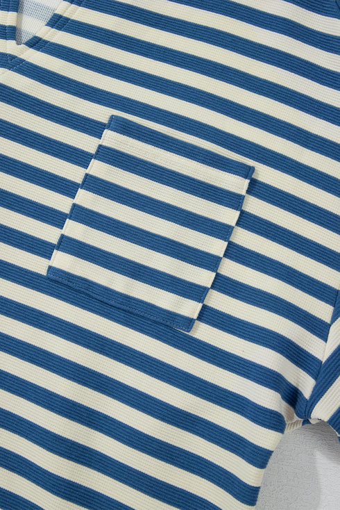 Stripe Print Chest Pocket Buttoned Back Notched Neck Top