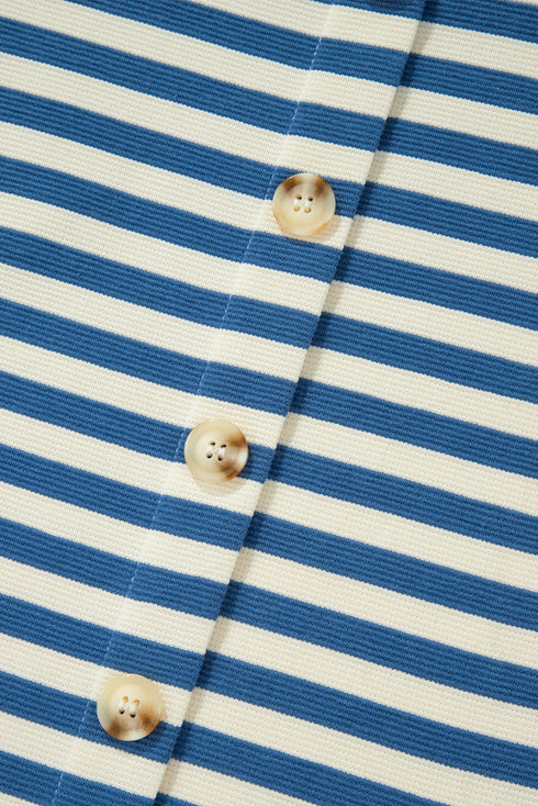 Stripe Print Chest Pocket Buttoned Back Notched Neck Top
