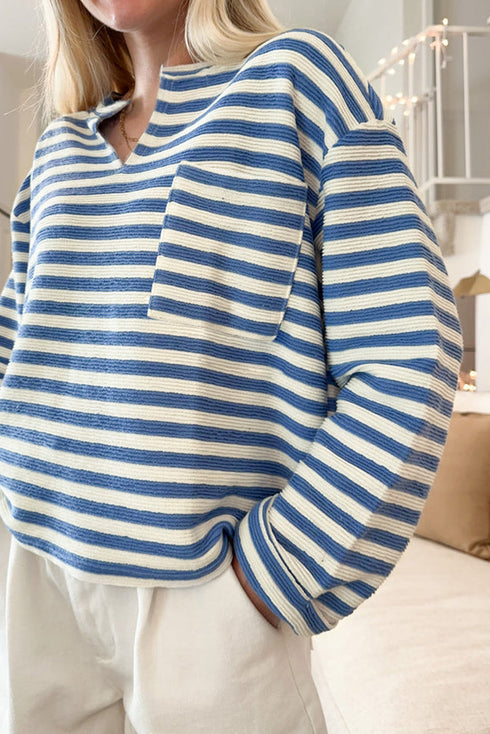 Stripe Print Chest Pocket Buttoned Back Notched Neck Top