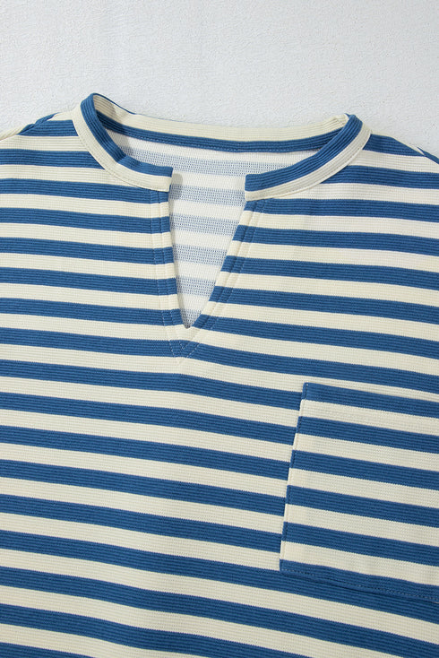 Stripe Print Chest Pocket Buttoned Back Notched Neck Top