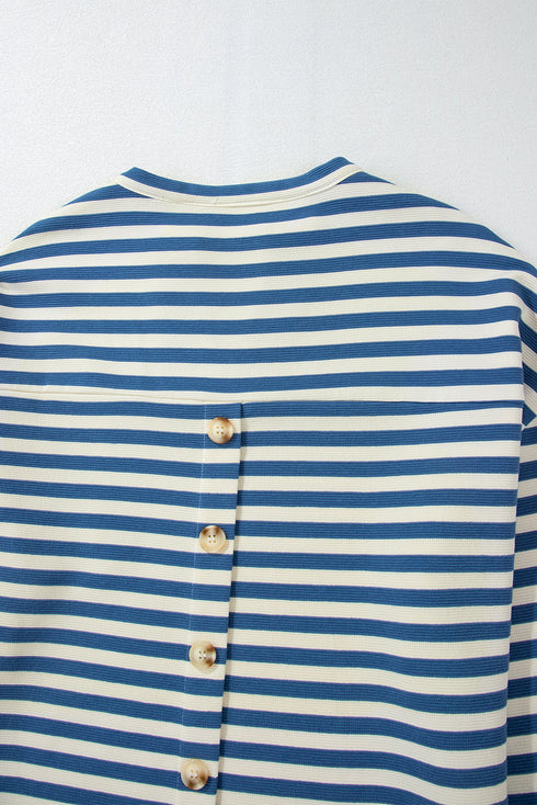Stripe Print Chest Pocket Buttoned Back Notched Neck Top