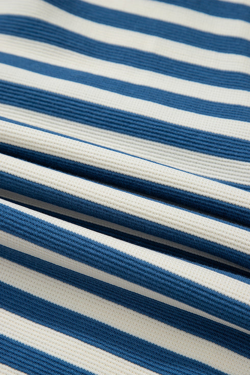 Stripe Print Chest Pocket Buttoned Back Notched Neck Top