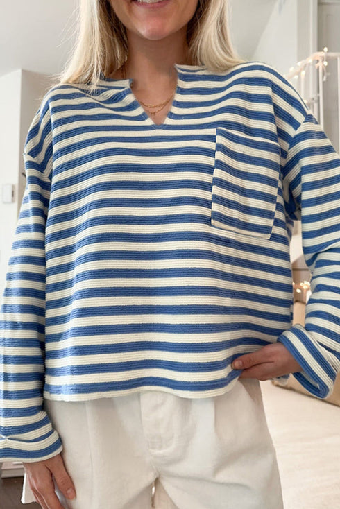 Stripe Print Chest Pocket Buttoned Back Notched Neck Top