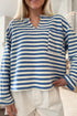 Stripe Print Chest Pocket Buttoned Back Notched Neck Top