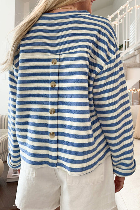 Stripe Print Chest Pocket Buttoned Back Notched Neck Top
