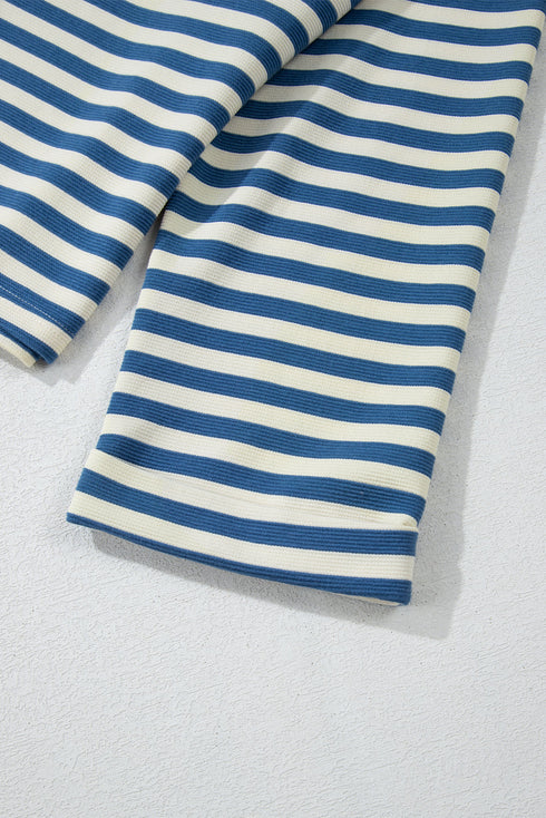 Stripe Print Chest Pocket Buttoned Back Notched Neck Top