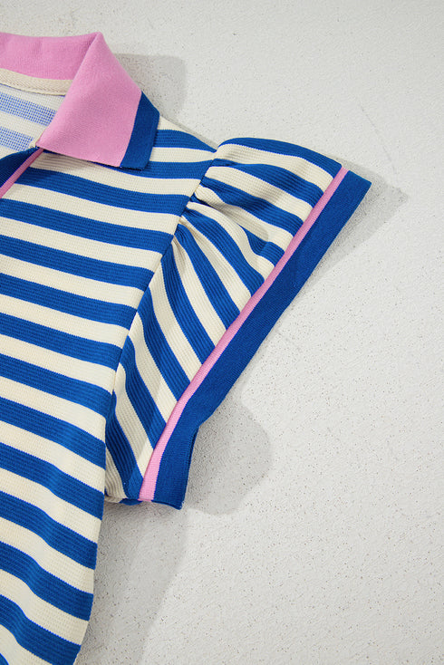 Stripe Print Contrast Collar Flutter Sleeve Mini Dress