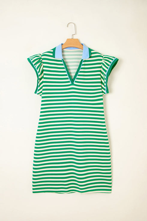 Stripe Print Contrast Collar Flutter Sleeve Mini Dress